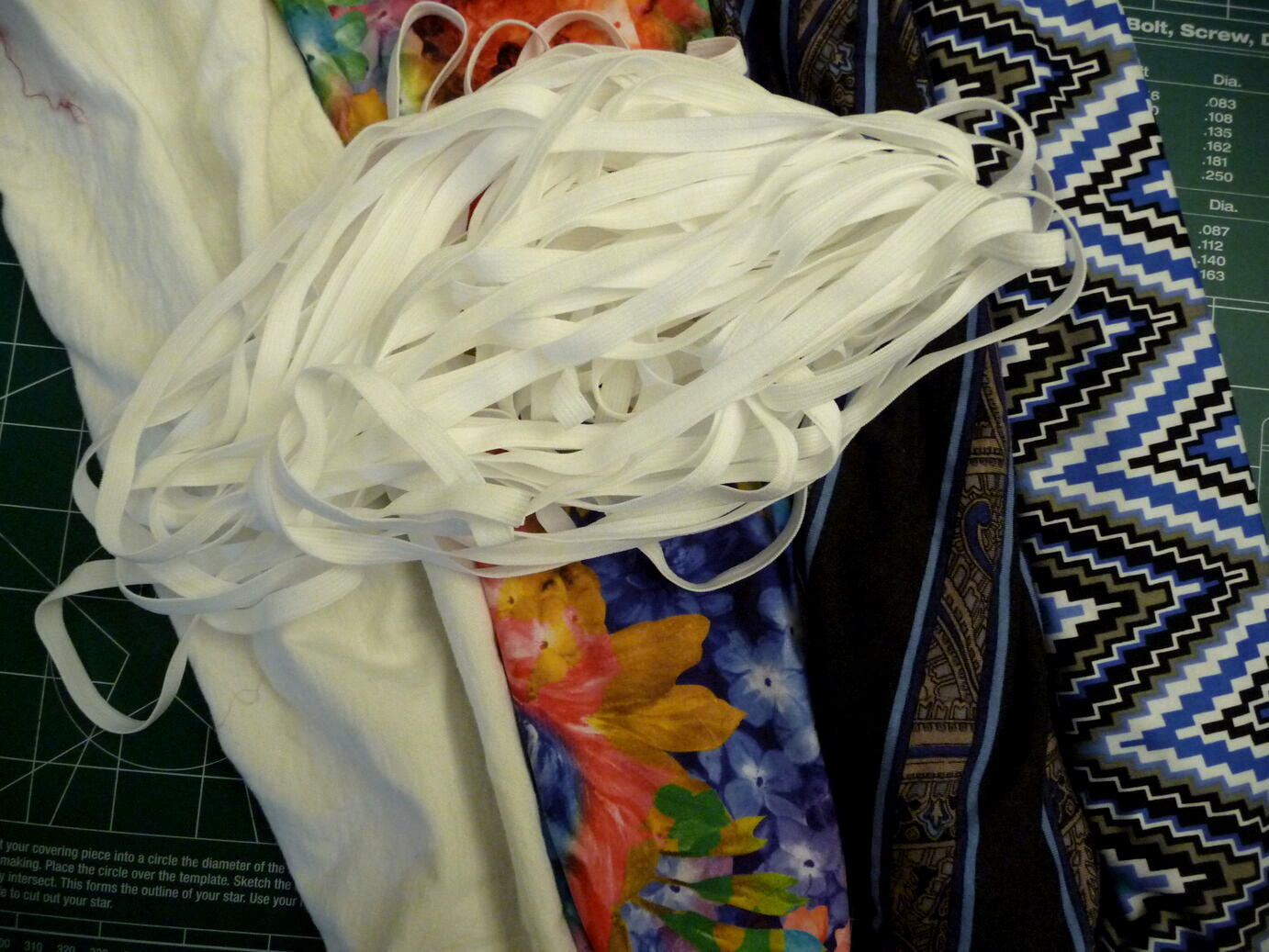 Close up of white elastic, white cotton, floral, black striped and multicolored zigzag fabrics
